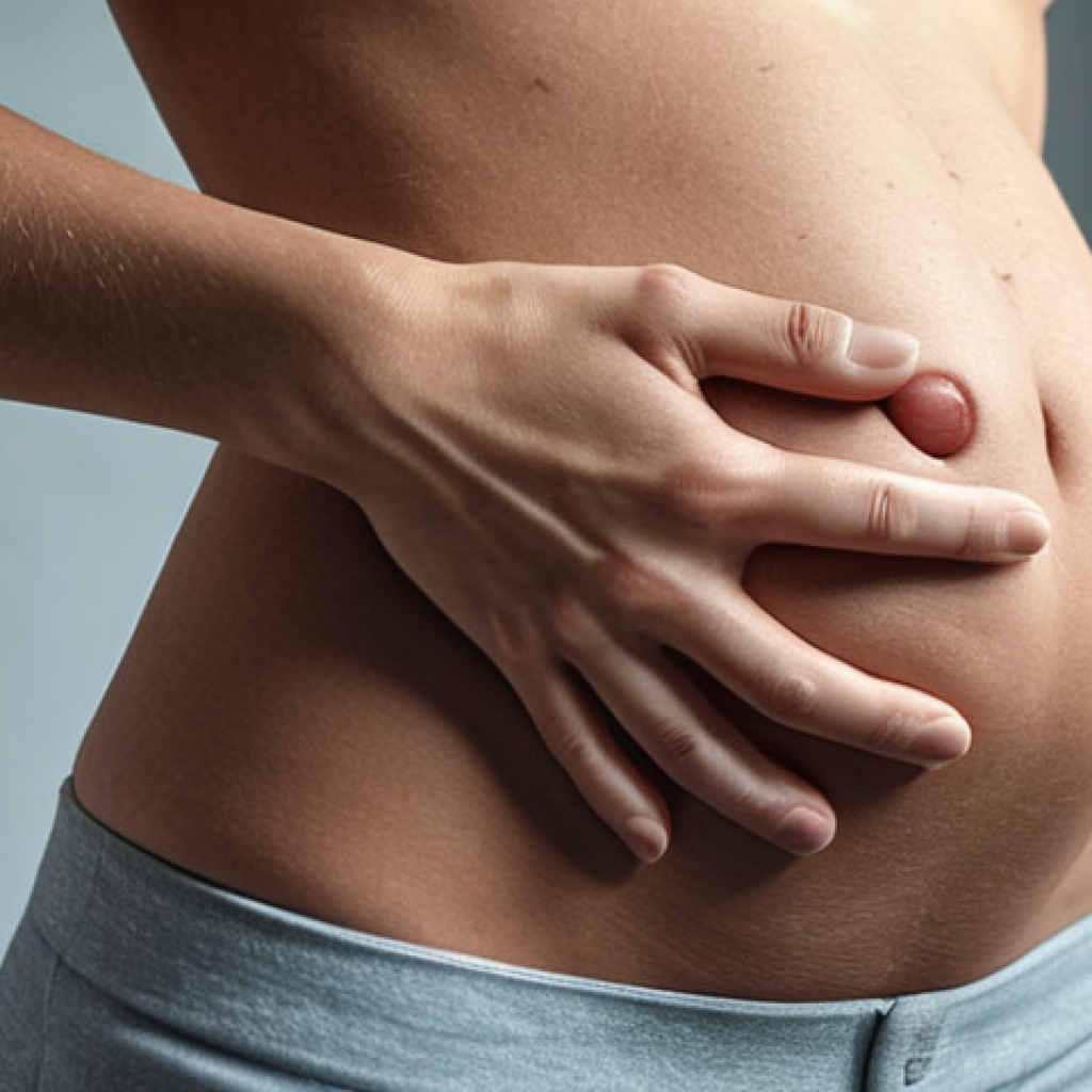 **

A concerned person experiencing stomach discomfort, looking thoughtfully at their abdomen. Emphasize a modern, clean setting, possibly a home or office, highlighting the feeling of unease and the need for medical advice. Consider adding subtle visual cues of stress (e.g., a slightly furrowed brow).

**