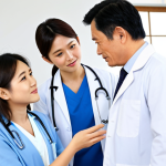 Doctor Explaining Treatment**

A kind, professional doctor in a clean, bright hospital office, fully clothed in a white coat, explaining a treatment plan with diagrams to a concerned, fully clothed middle-aged Japanese man and woman (father and daughter). The scene should convey hope and reassurance. Focus on clear communication and a supportive atmosphere. safe for work, appropriate content, fully clothed, professional, family-friendly, perfect anatomy, correct proportions, natural pose, well-formed hands, proper finger count, natural body proportions.

**