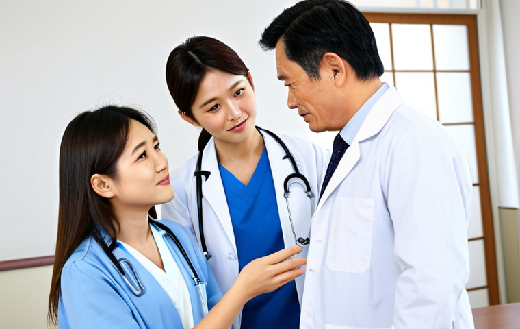 Doctor Explaining Treatment**

A kind, professional doctor in a clean, bright hospital office, fully clothed in a white coat, explaining a treatment plan with diagrams to a concerned, fully clothed middle-aged Japanese man and woman (father and daughter). The scene should convey hope and reassurance. Focus on clear communication and a supportive atmosphere. safe for work, appropriate content, fully clothed, professional, family-friendly, perfect anatomy, correct proportions, natural pose, well-formed hands, proper finger count, natural body proportions.

**
