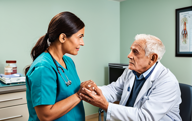 간암 치료법 비교 - A doctor in a professional setting, discussing treatment options (surgery, RFA, medication) with a s...