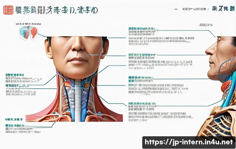 갑상선 기능 이상 치료 사례 - A detailed medical illustration of the human neck area focusing on the thyroid gland, showing subtle...