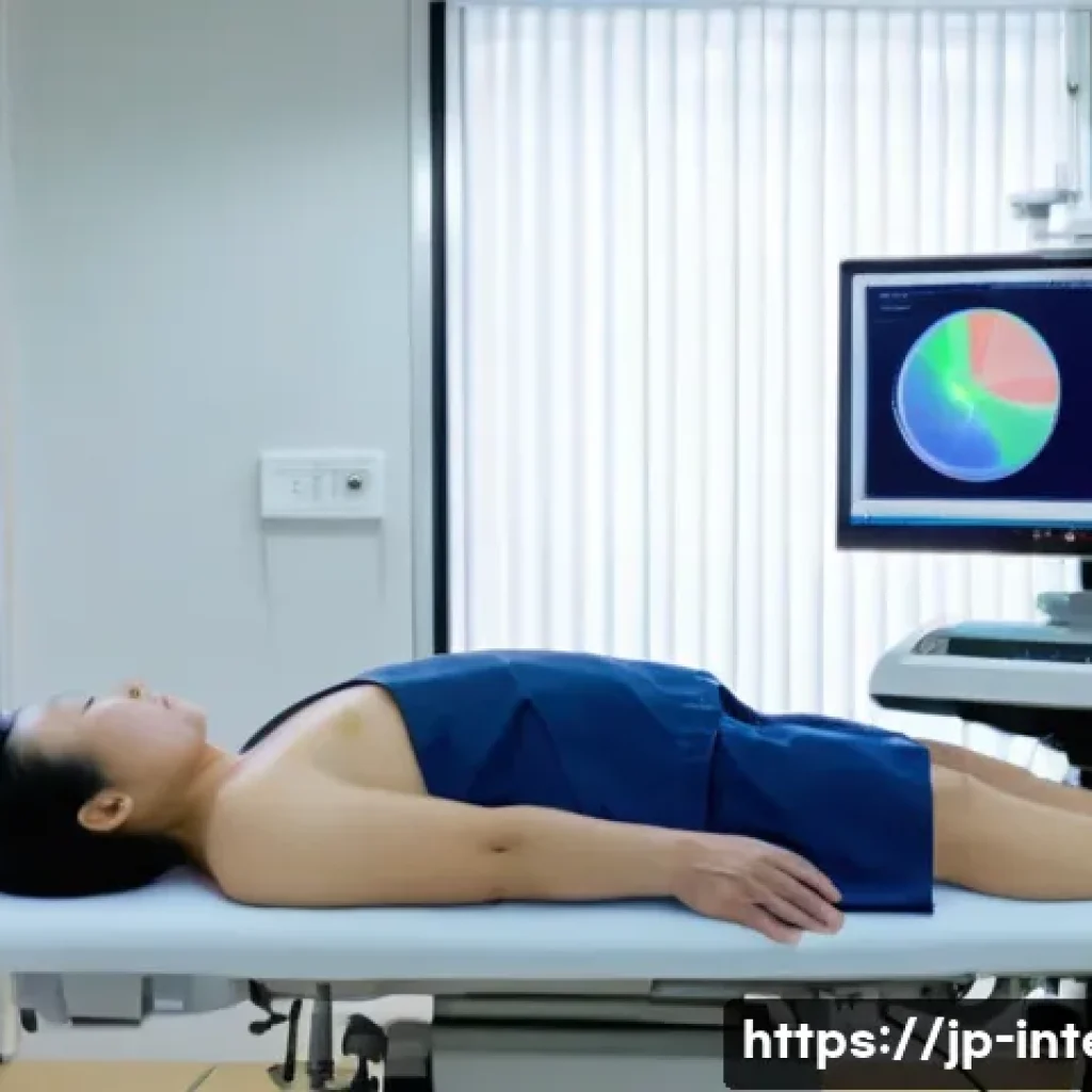 내과 초음파 검사 후기 - A modern Japanese medical clinic interior showing a middle-aged Japanese patient lying comfortably o...