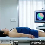 내과 초음파 검사 후기 - A modern Japanese medical clinic interior showing a middle-aged Japanese patient lying comfortably o...