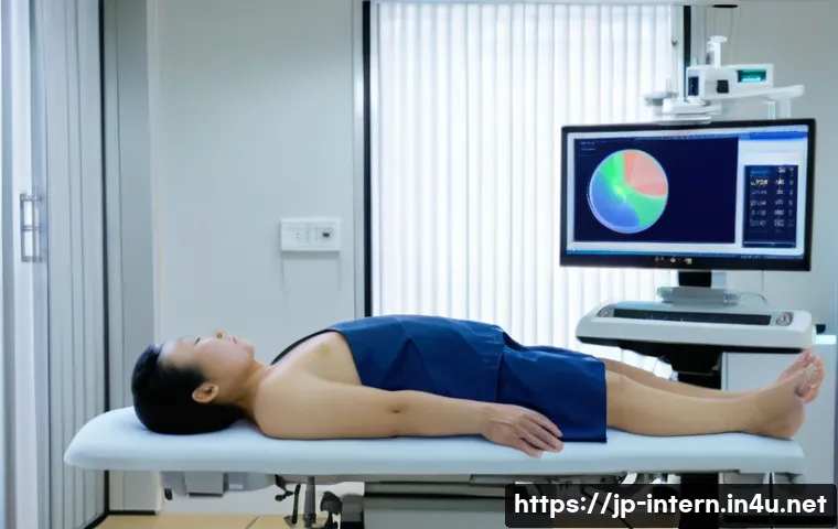 내과 초음파 검사 후기 - A modern Japanese medical clinic interior showing a middle-aged Japanese patient lying comfortably o...