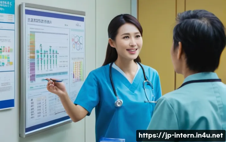 내과 혈액검사 비용 - A modern Japanese medical clinic interior with a friendly female doctor explaining blood test option...