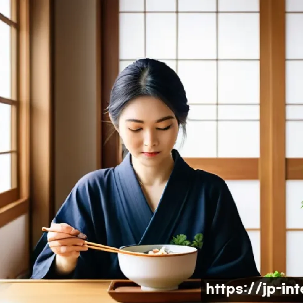 복부 팽만감 원인 - A modern Japanese woman sitting at a tidy dining table with a balanced meal consisting of colorful v...