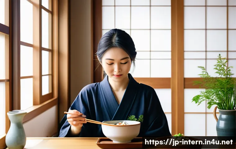 복부 팽만감 원인 - A modern Japanese woman sitting at a tidy dining table with a balanced meal consisting of colorful v...