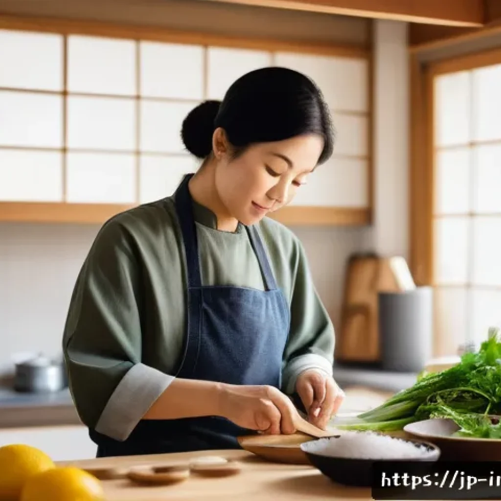 고혈압 관리 방법 - A serene Japanese kitchen scene featuring a middle-aged person preparing a healthy meal with fresh v...
