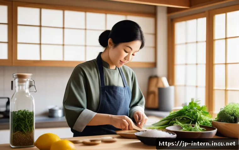 고혈압 관리 방법 - A serene Japanese kitchen scene featuring a middle-aged person preparing a healthy meal with fresh v...
