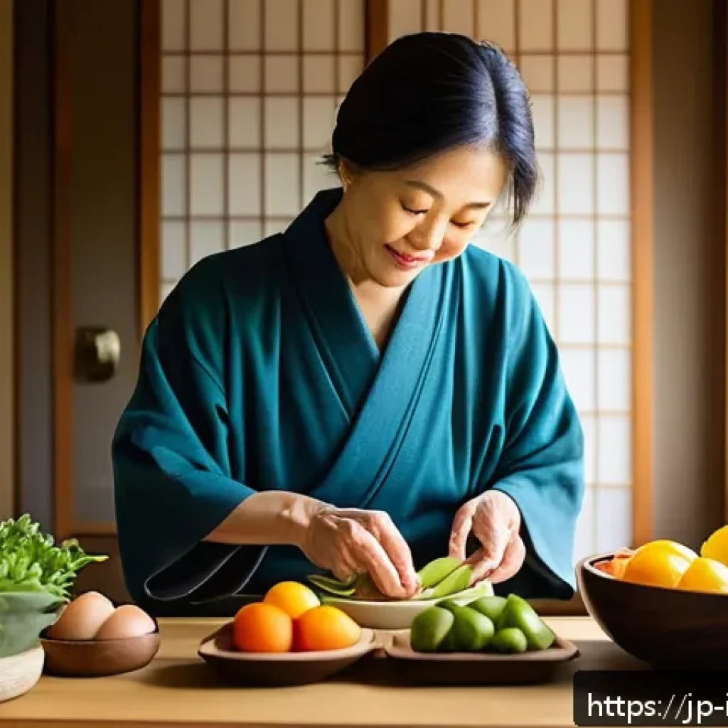 간 건강 회복 성공 사례 - A serene Japanese kitchen scene featuring a middle-aged Japanese woman preparing a colorful, balance...