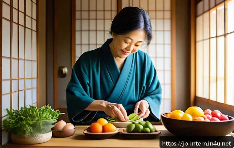 간 건강 회복 성공 사례 - A serene Japanese kitchen scene featuring a middle-aged Japanese woman preparing a colorful, balance...