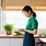 고혈압 원인과 해결 - A modern Japanese kitchen scene showing a young adult woman thoughtfully preparing a low-sodium meal...