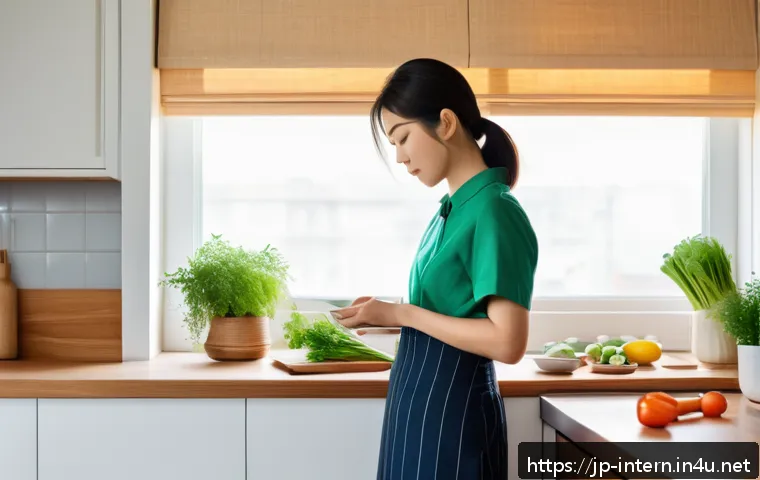 고혈압 원인과 해결 - A modern Japanese kitchen scene showing a young adult woman thoughtfully preparing a low-sodium meal...