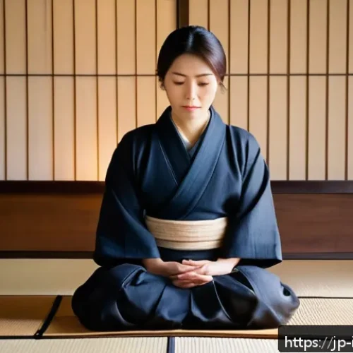 소화기질환 응급처치 방법 - A calm Japanese woman in her 30s sitting quietly on a tatami mat floor, gently holding her lower rig...