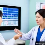 간 질환 진단 과정 - A detailed medical illustration of a liver blood test scene in a modern Japanese clinic setting, sho...