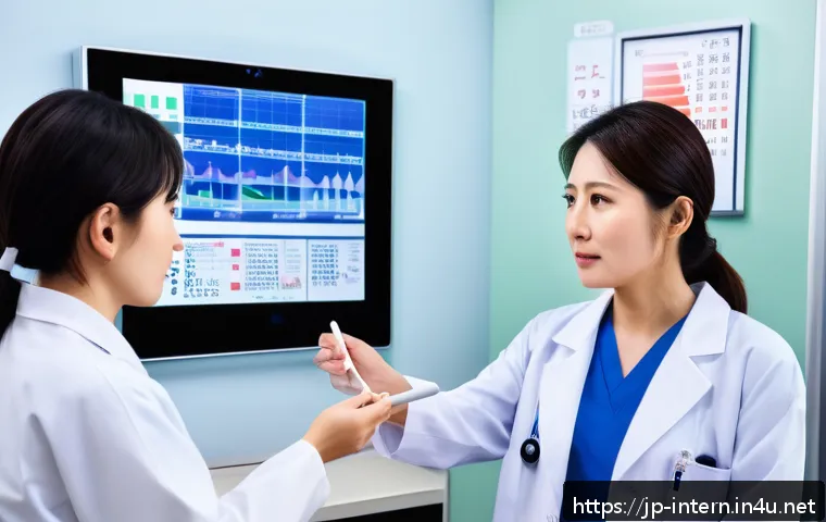 간 질환 진단 과정 - A detailed medical illustration of a liver blood test scene in a modern Japanese clinic setting, sho...