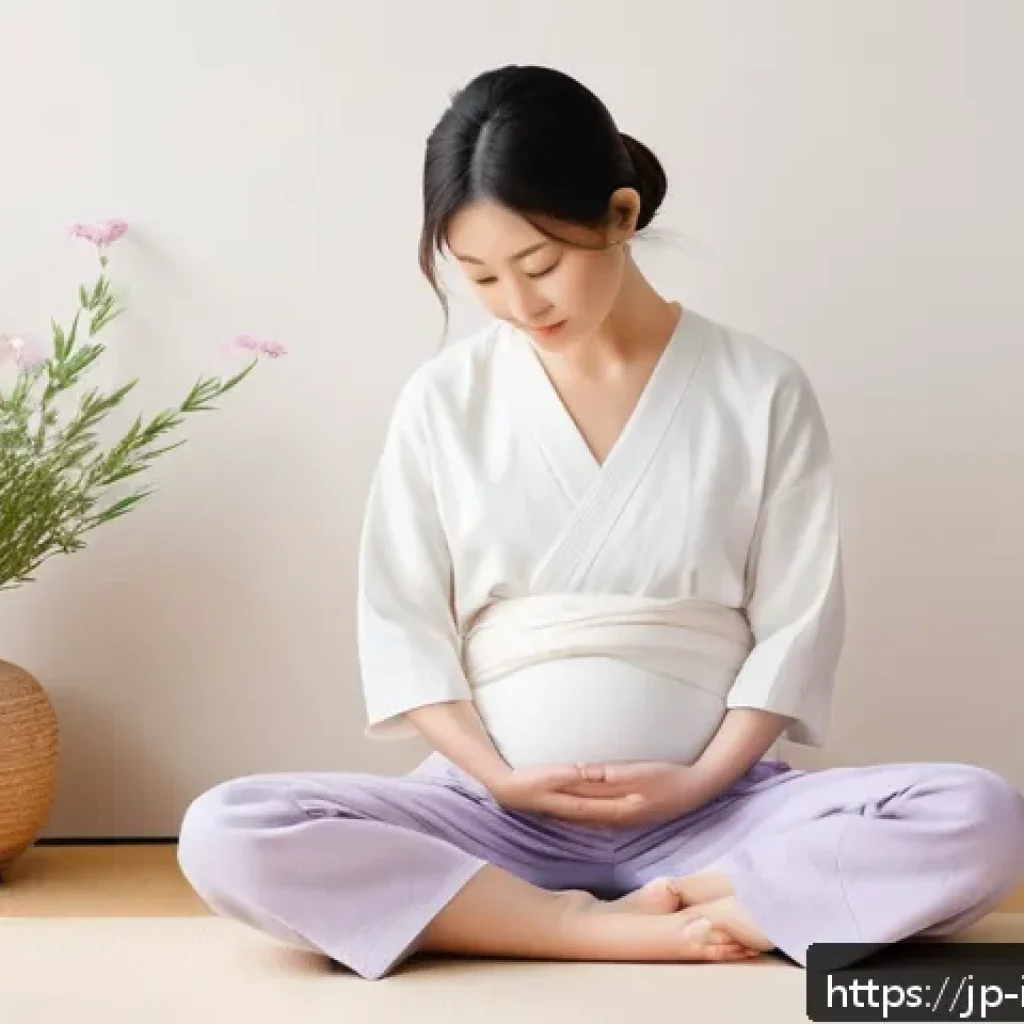 소화불량 완화 마사지 - A calm and soothing scene of a Japanese woman in her 30s gently massaging her stomach in a warm, sof...