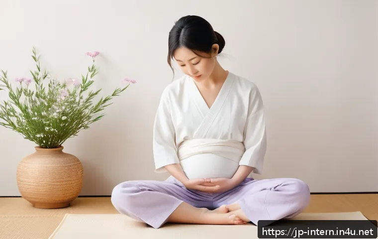 소화불량 완화 마사지 - A calm and soothing scene of a Japanese woman in her 30s gently massaging her stomach in a warm, sof...