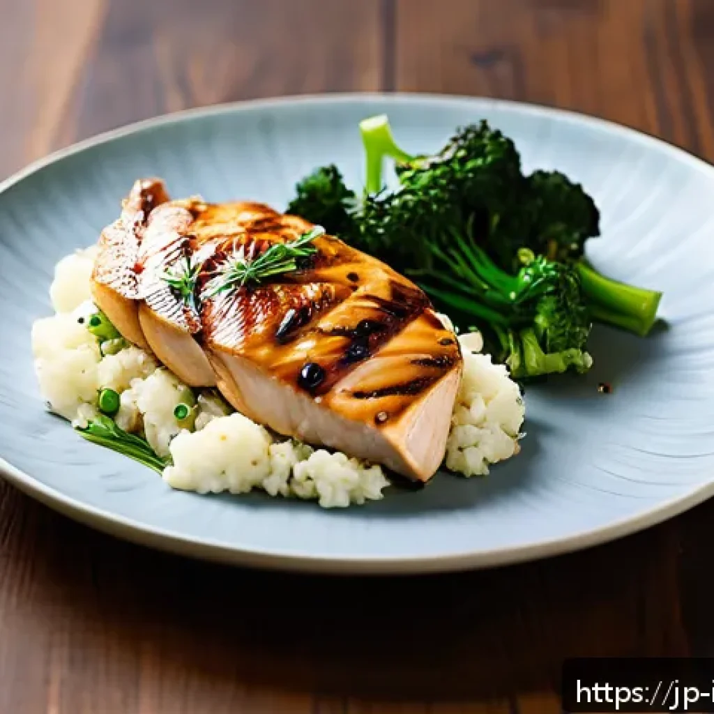 당뇨 환자를 위한 식단 - A close-up of a healthy low-carb main dish featuring thinly sliced grilled chicken breast with a glo...