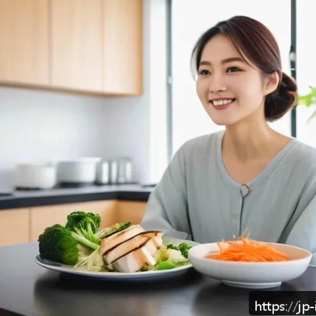 위식도 역류증 자가 치료법 - A modern Japanese woman sitting at a dining table in a bright, cozy kitchen, thoughtfully choosing a...