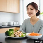 위식도 역류증 자가 치료법 - A modern Japanese woman sitting at a dining table in a bright, cozy kitchen, thoughtfully choosing a...