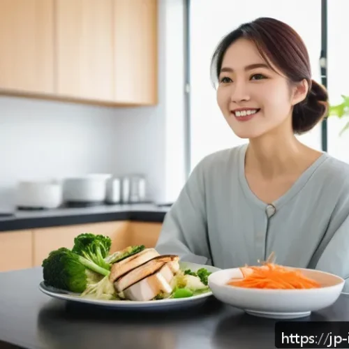 위식도 역류증 자가 치료법 - A modern Japanese woman sitting at a dining table in a bright, cozy kitchen, thoughtfully choosing a...