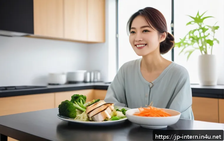 위식도 역류증 자가 치료법 - A modern Japanese woman sitting at a dining table in a bright, cozy kitchen, thoughtfully choosing a...