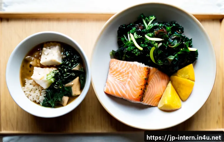 비알콜성 지방간 식단 - Photorealistic overhead view of a balanced Japanese-inspired meal for liver-friendly nutrition: gril...