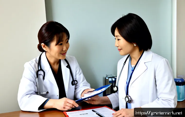 내과 검진 항목 비교 - Photorealistic Japanese internal medicine clinic consultation, friendly middle-aged doctor in a whit...