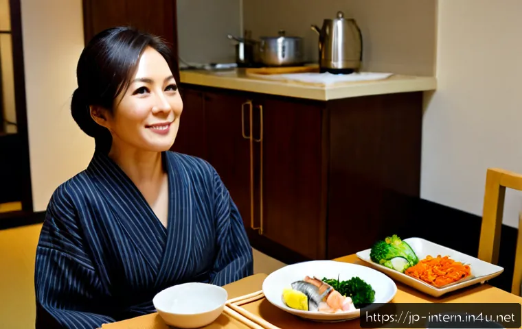 위식도 역류증 예방 방법 - Photorealistic Japanese middle-aged woman enjoying a light, balanced evening meal at a tidy dining t...